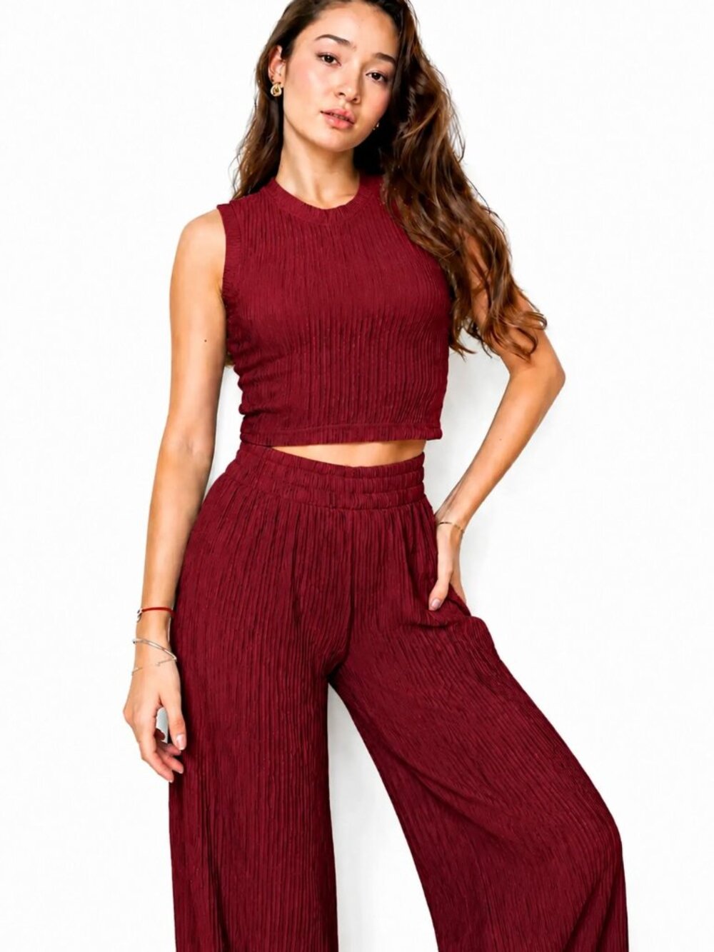 Women’s 2-Piece Ribbed Matching Set, Crop Top & Wide Leg Pants – Burgundy/Coco
